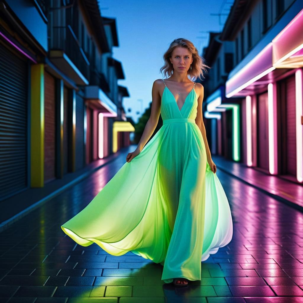 Woman in Green Ombre Dress in Neon Alley