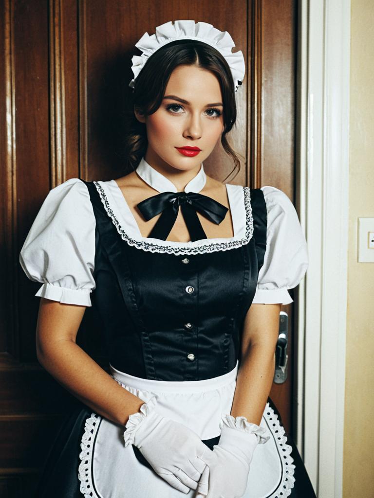 Photorealistic Glamour Editorial Woman in Lockable Maid Costume