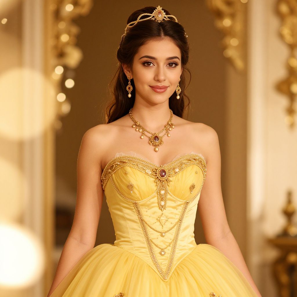 Elegant Woman in Golden Yellow Princess Ball Gown with Jewelry
