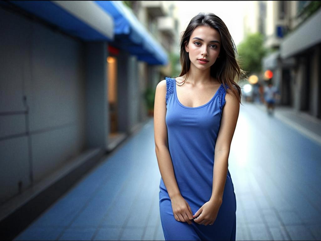 Confident Woman in Blue Dress - Modern Street Fashion