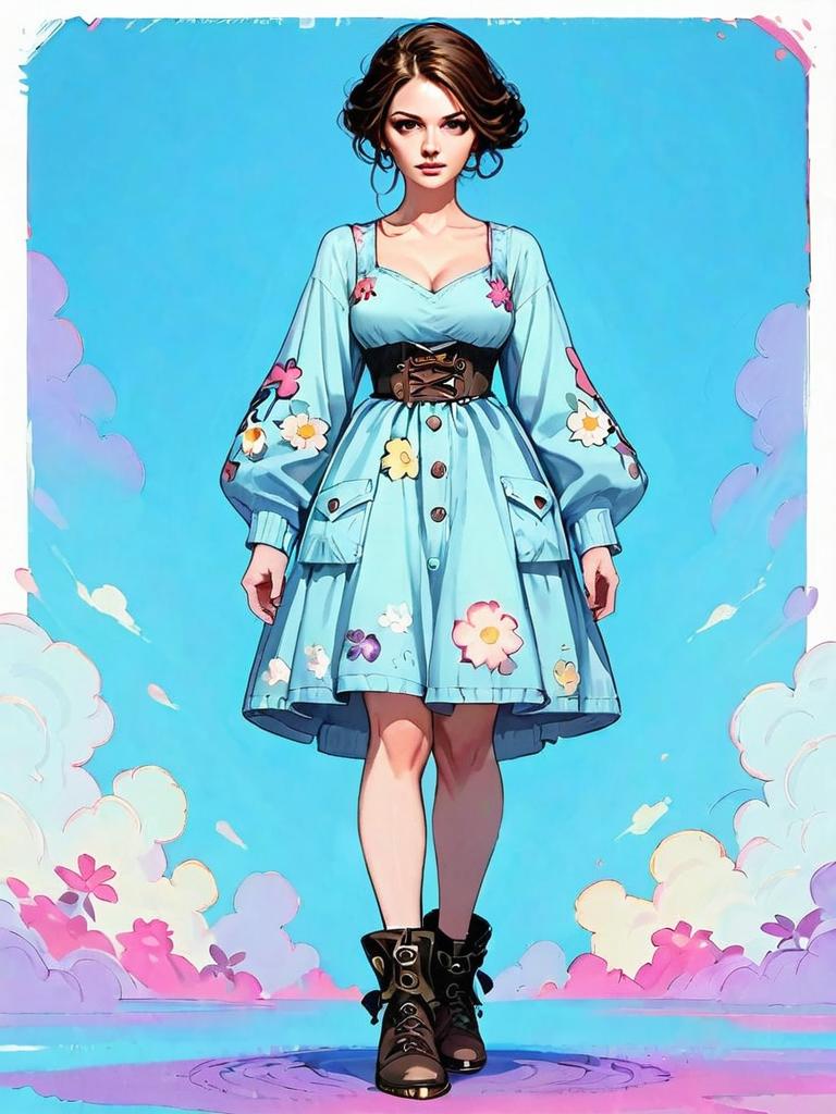 Stylish Woman in Blue Floral Dress with Boots Digital Illustration