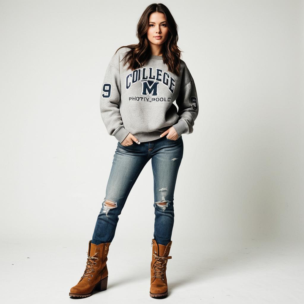 Young Woman in Casual College Sweatshirt and Ripped Jeans Fashion