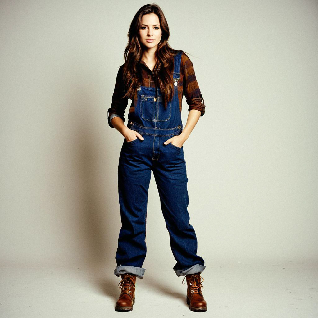 Confident Woman in Denim Overalls and Brown Shirt Confident Woman in Denim Overalls and Brown Shirt