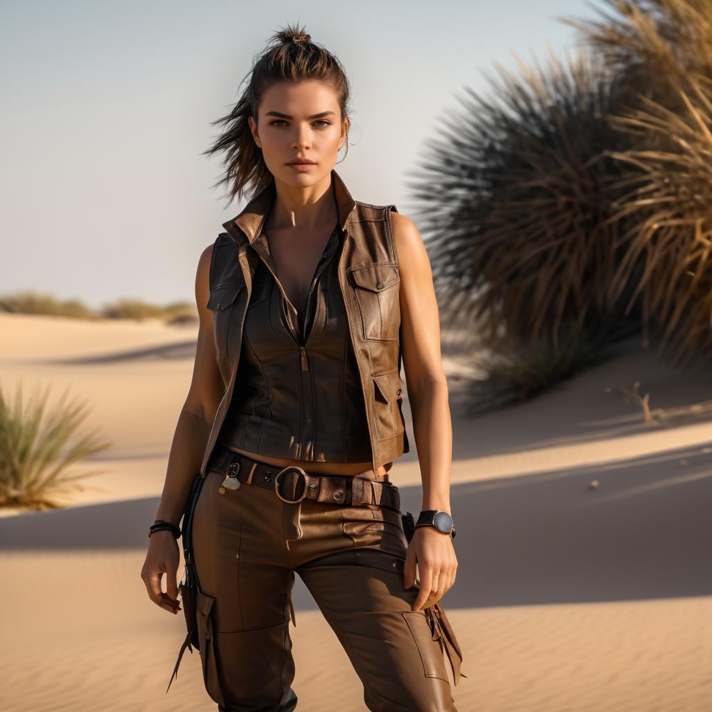 Confident Woman in Leather Outfit in Desert