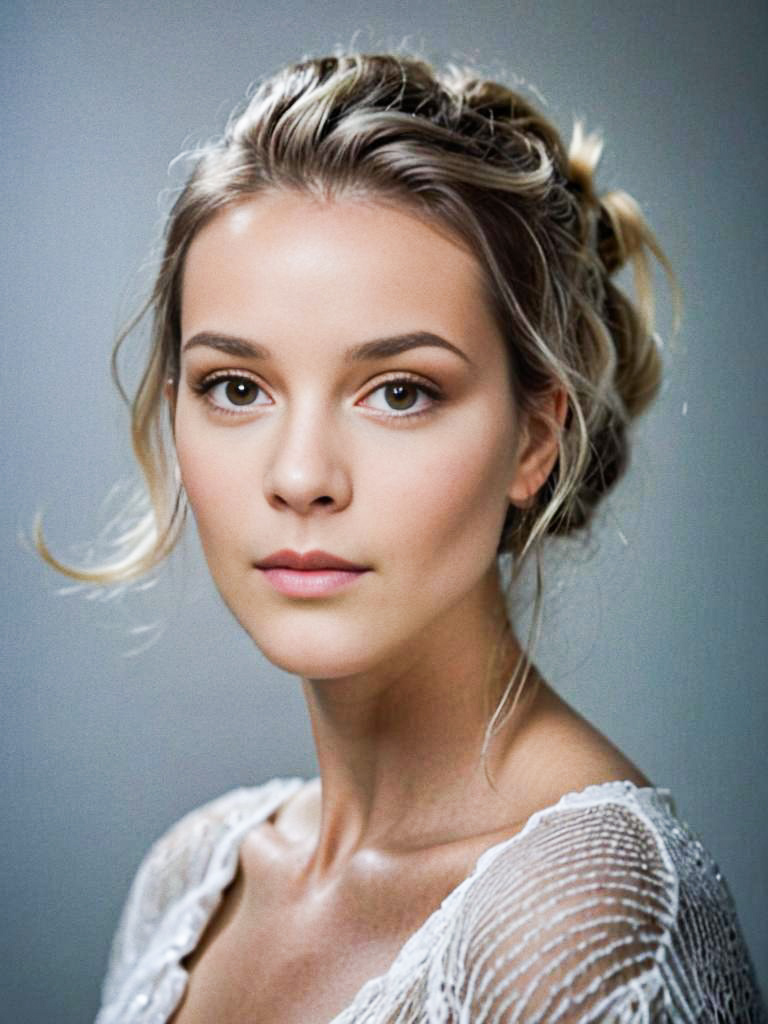 Close-up portrait of a young woman in soft makeup and white dress