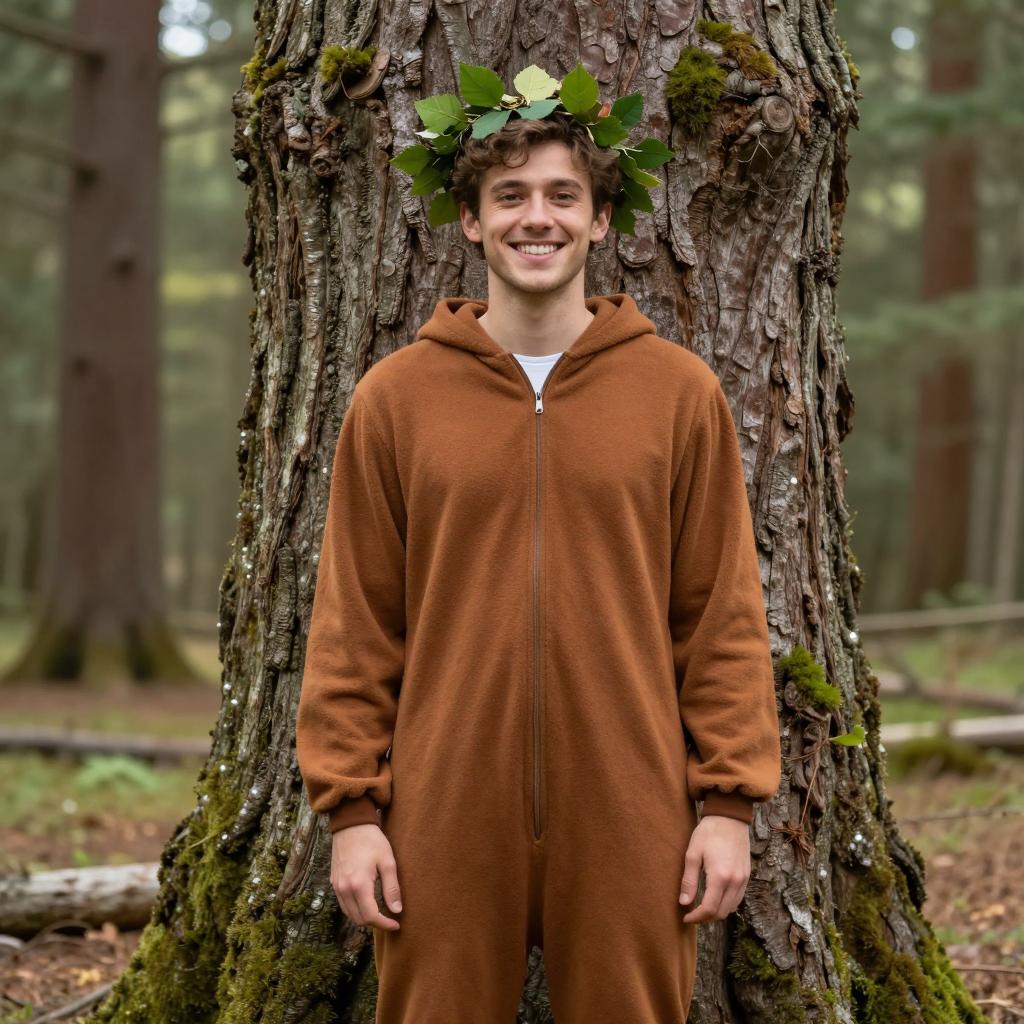Young Man in Brown Onesie Wearing Leaf Crown in Forest