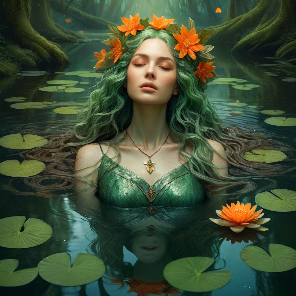 Serene Woman with Green Hair in Tranquil Pond Serene Woman with Green Hair in Tranquil Pond