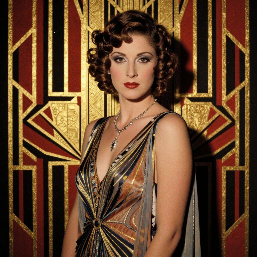 1920s Glamorous Woman in Art Deco Style Dress and Jewelry