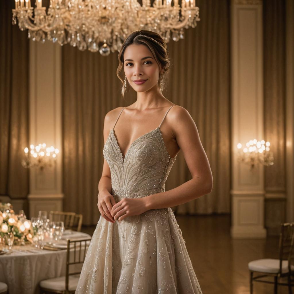 Confident Woman in Elegant Evening Gown at Grand Ballroom