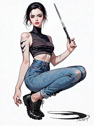 Realistic Comic Style Woman Full Body Portrait with Dagger in Modern Outfit