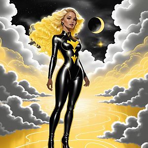 Confident Woman in Black Bodysuit with Golden Accents