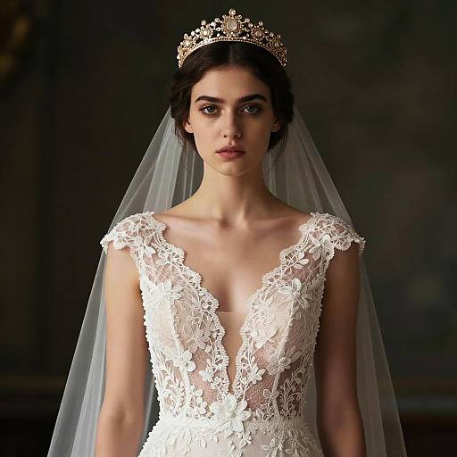 Elegant Bride in Lace Wedding Dress with Pearl Crown and Veil