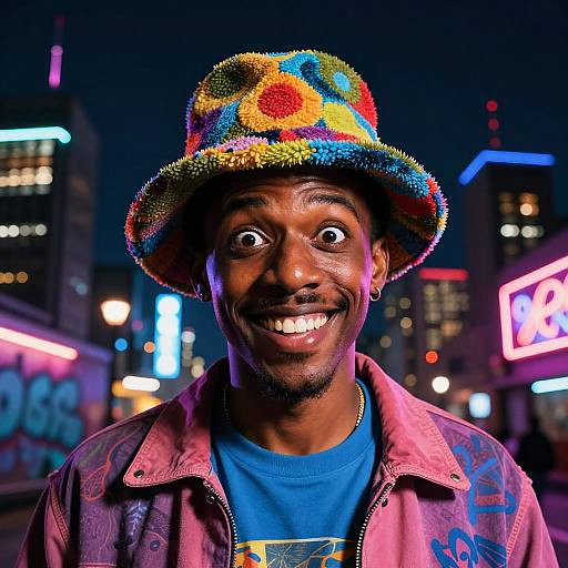 Vibrant Young Man Wearing Colorful Bucket Hat in Neon City Night
