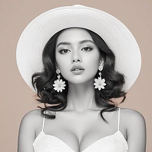 Elegant Woman in White Hat - Black and White Portrait