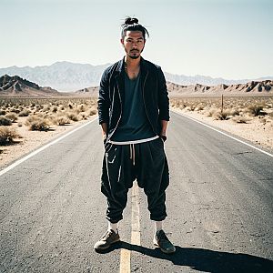 Young man on deserted road in desert landscape
