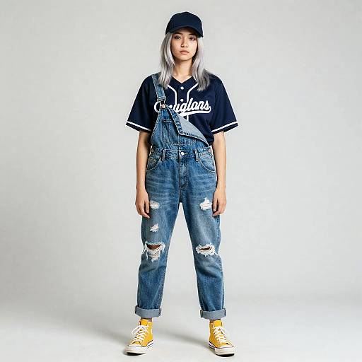 Gen Z Fashion Style with Distressed Denim Overalls and Baseball Shirt