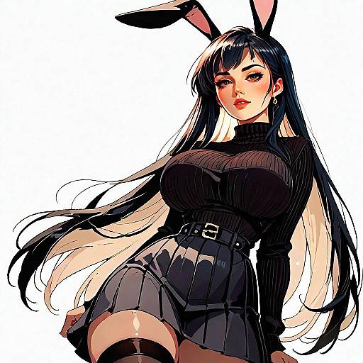 Stylish Woman with Bunny Ears in Black Turtleneck and Pleated Skirt Anime Art