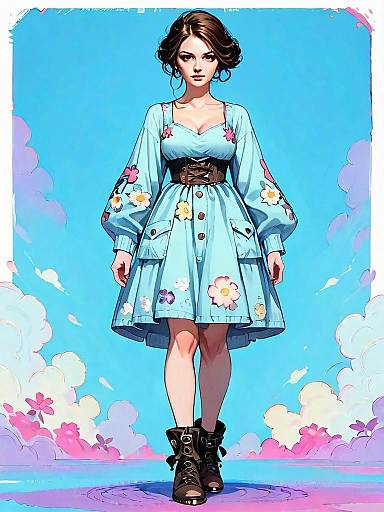 Stylish Woman in Blue Floral Dress with Boots Digital Illustration
