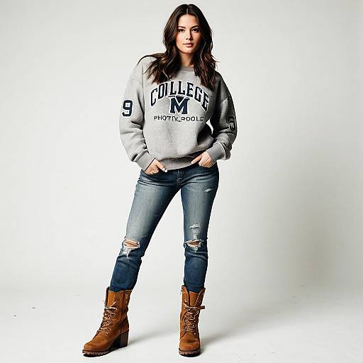 Young Woman in Casual College Sweatshirt and Ripped Jeans Fashion