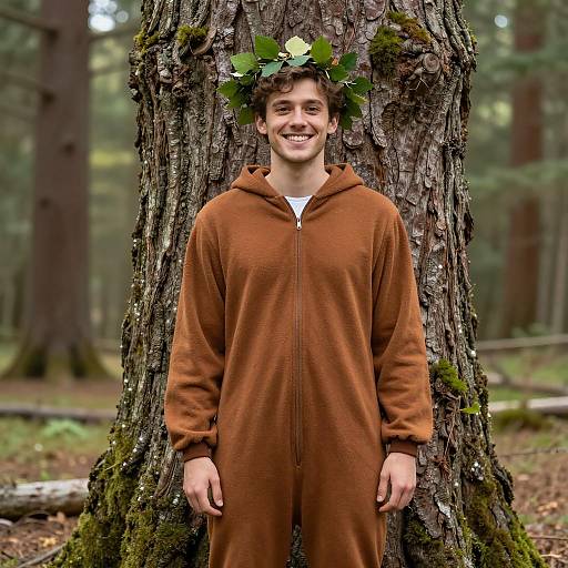 Young Man in Brown Onesie Wearing Leaf Crown in Forest