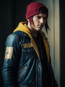 Realistic Delsin Rowe Cosplay Portrait of Man Wearing Black Leather Jacket and Red Beanie