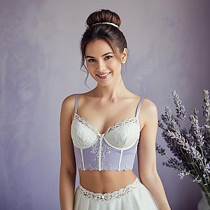 Smiling Woman in Lavender Lace Lingerie with Floral Background