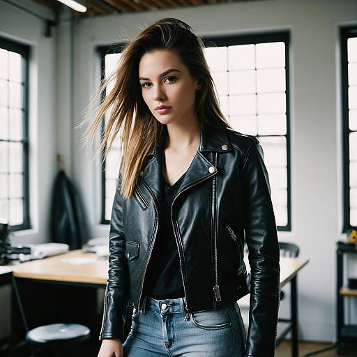 Young Woman in Black Leather Jacket in Modern Industrial Interior