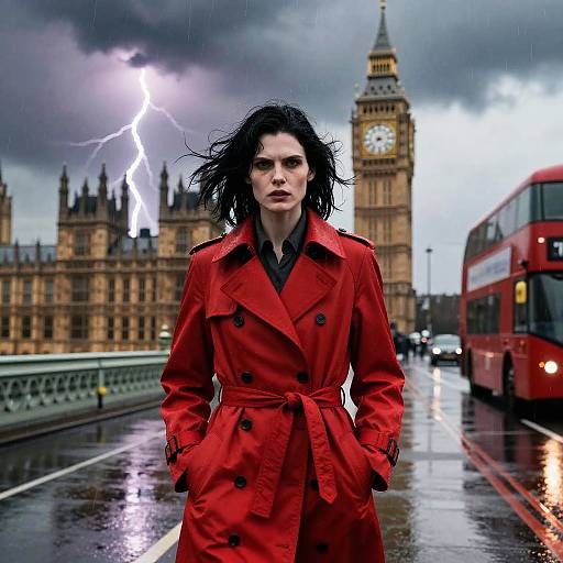 Woman in Red Trench Coat on Rainy London Street with Lightning and Big Ben