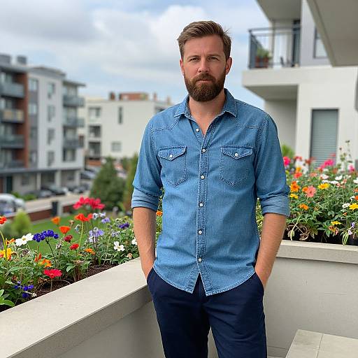 Bearded Man in Denim Shirt on Urban Balcony with Flowers