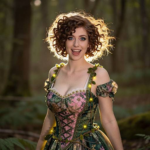 Joyful Woman in Floral Corset Dress with Fairy Lights in Forest