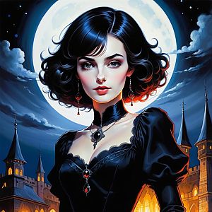 Gothic Woman Portrait with Full Moon and Castle