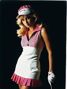Woman in Sharpy Pink and White Golf Costume Waist Up Portrait