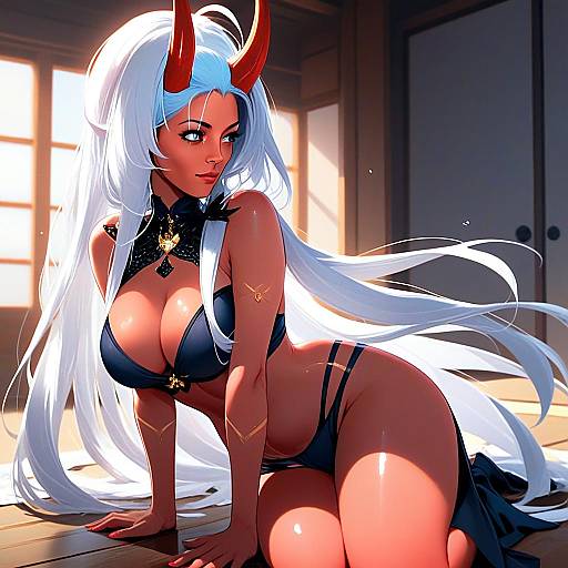 Anime Woman with White Hair and Red Horns in Black Lingerie Digital Illustration