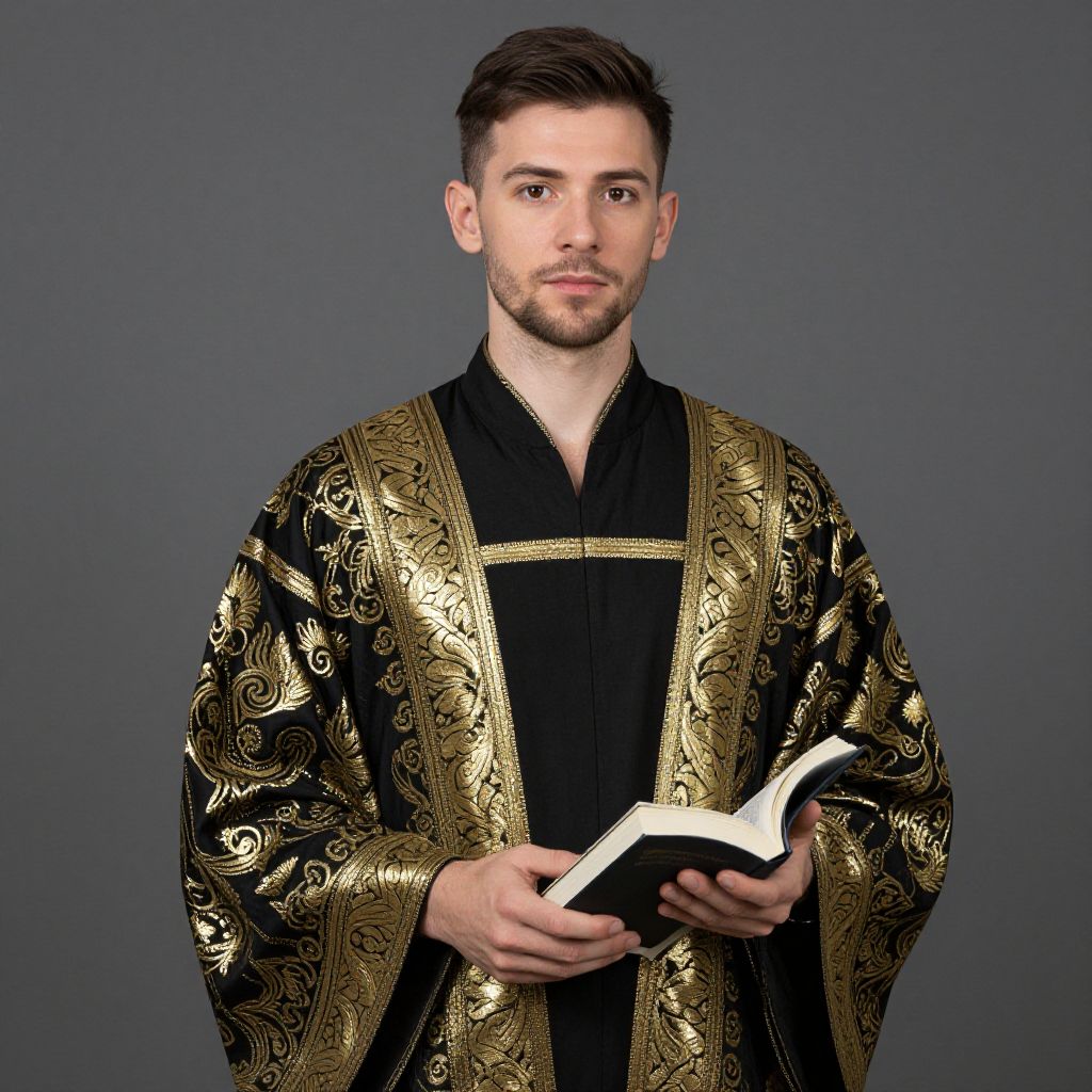 Young Man in Ornate Black and Gold Ceremonial Robe Holding Book