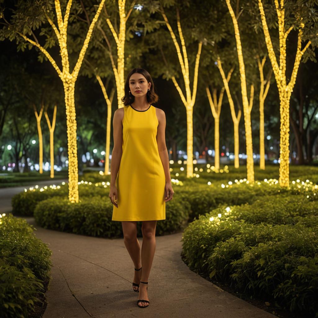 Woman in Vibrant Yellow Dress in Magical Night Setting