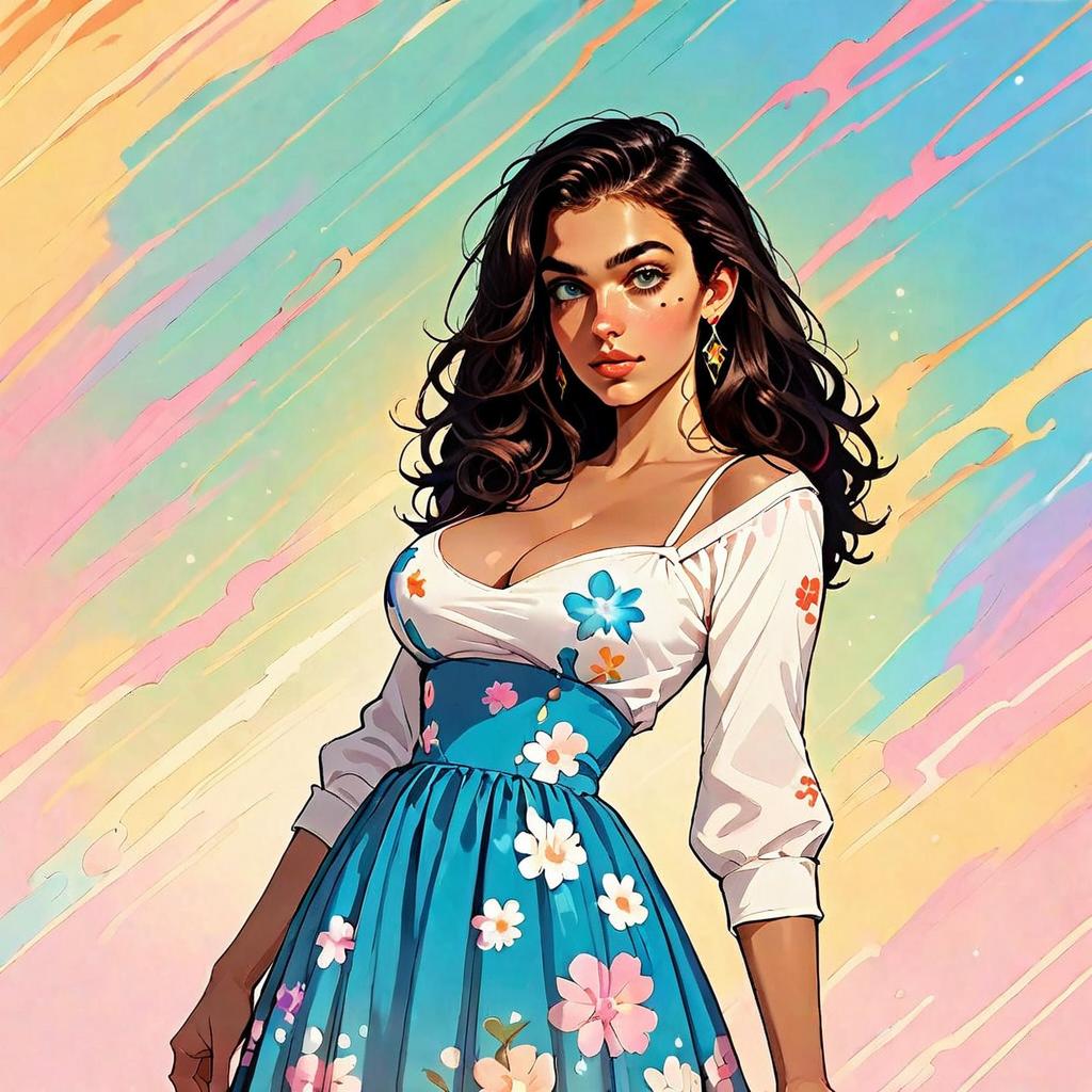 Digital Illustration of Woman in Floral Dress with Pastel Background
