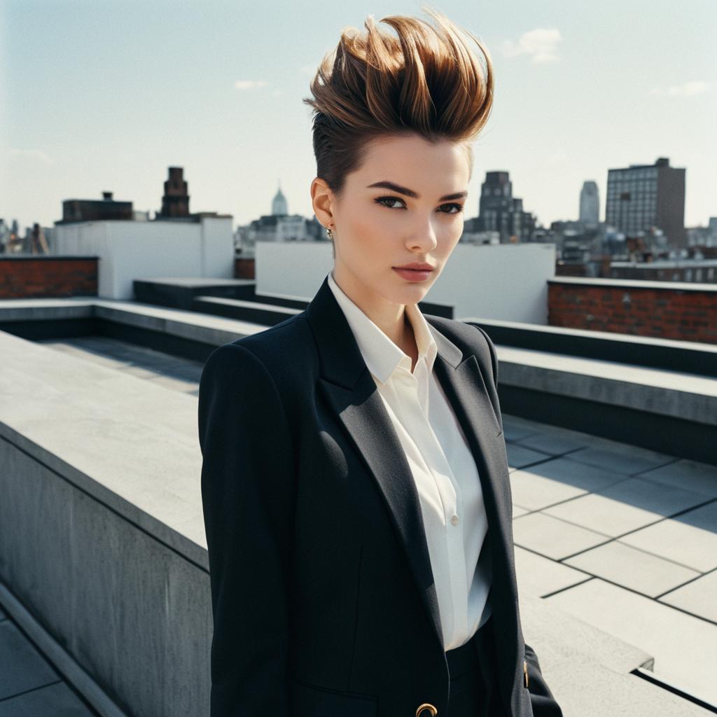 Confident Woman with Modern Hairstyle on Urban Rooftop in Stylish Blazer