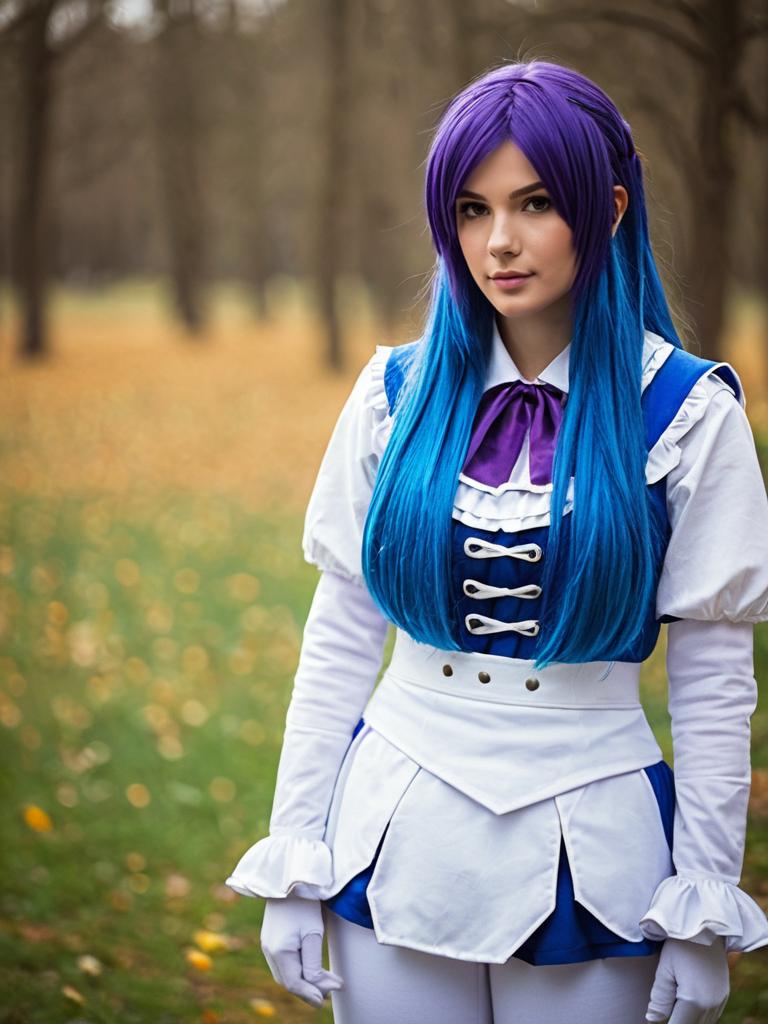 Hacka Doll 3 Cosplay Woman with Purple and Blue Hair in Autumn Park