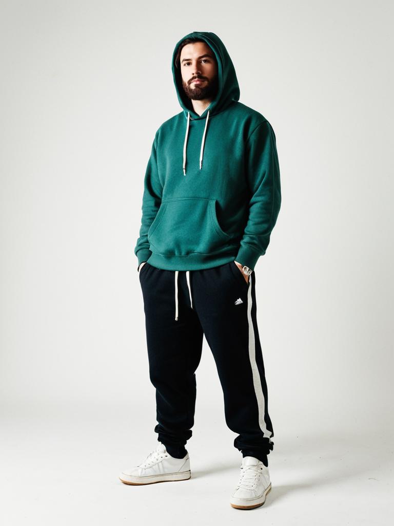 Man in Dark Green Hoodie and Black Flare Sweatpants Streetwear Outfit