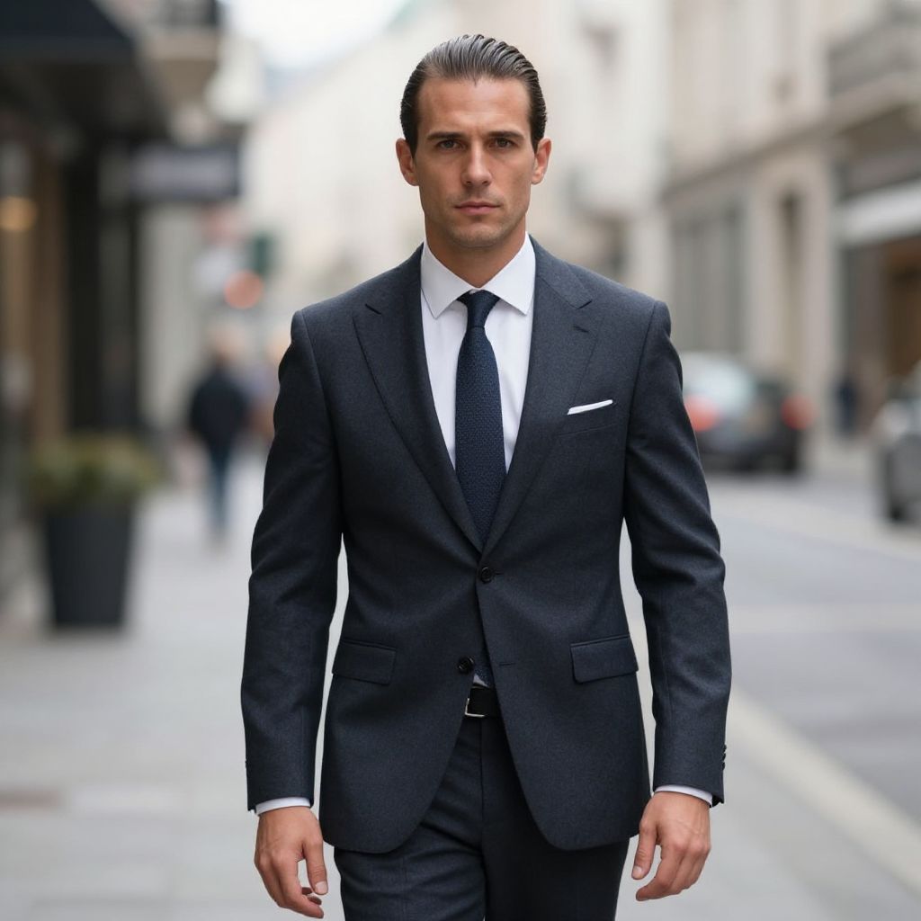 Confident Man in Dark Tailored Suit Walking on City Street