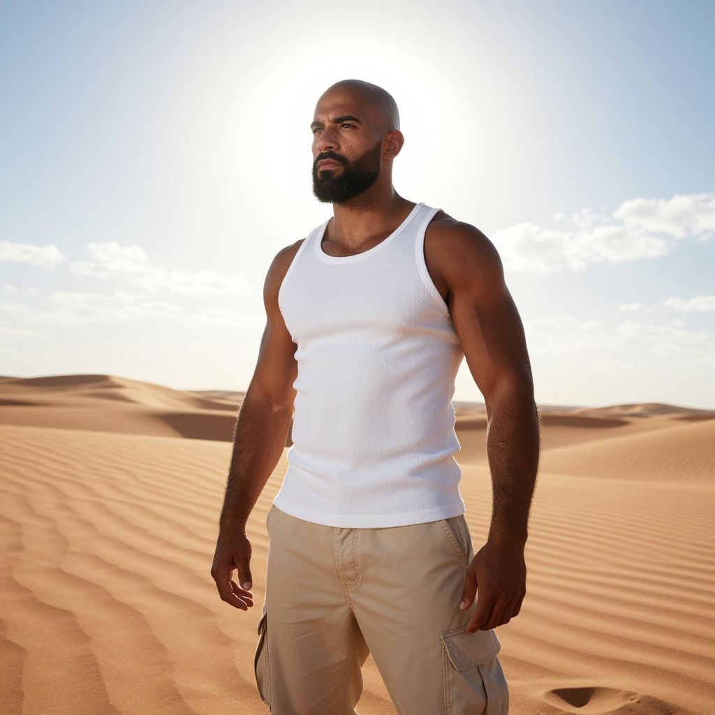Muscular Bearded Man in White Tank Top Standing in Desert Landscape