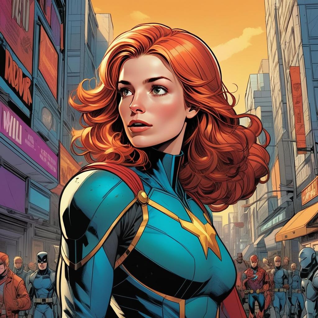 Red-Haired Woman Superhero in Blue Costume Standing in Cityscape Comic Art