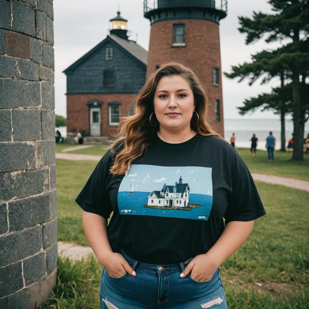 Confident Woman by Lighthouse in Coastal Setting