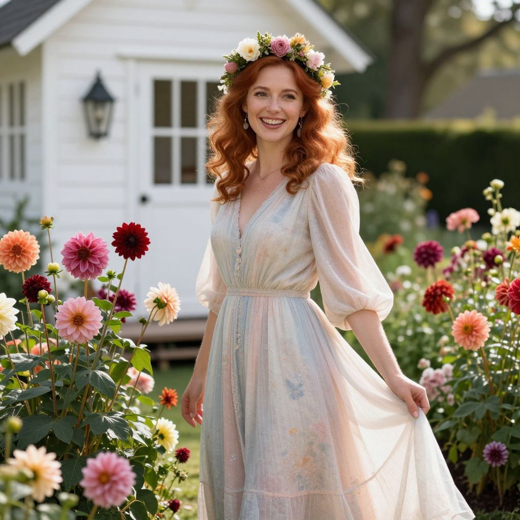 Red-Haired Woman in Floral Crown and Pastel Dress in Vibrant Flower Garden