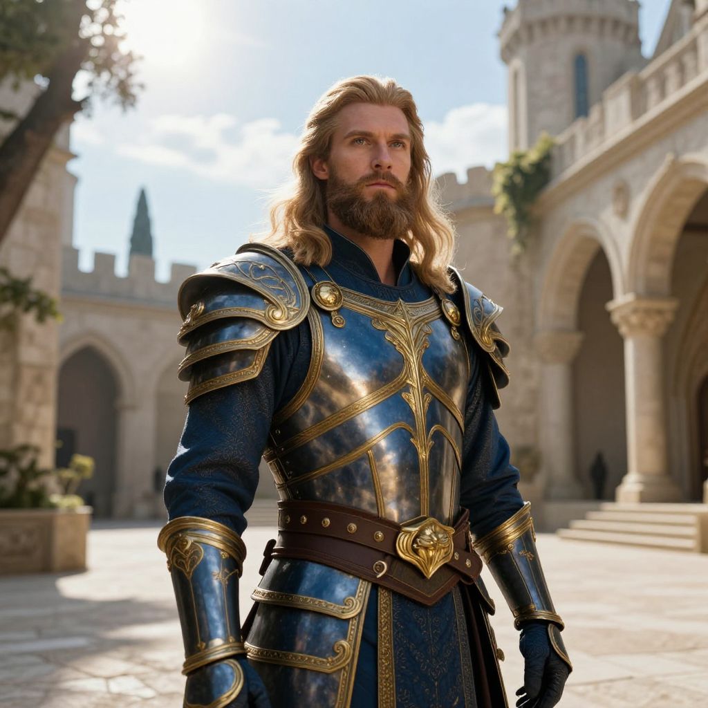 Regal Knight in Ornate Blue and Gold Medieval Armor in Courtyard