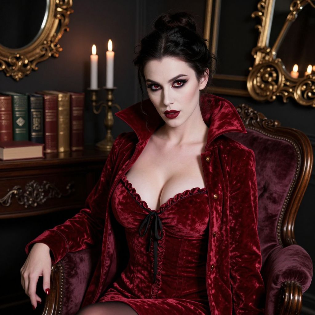 Gothic Woman in Red Velvet Corset Dress in Vintage Room
