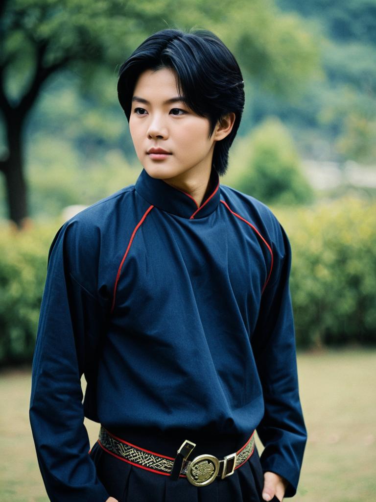 Young Man in Traditional Costume Portrait with Blurred Nature Background