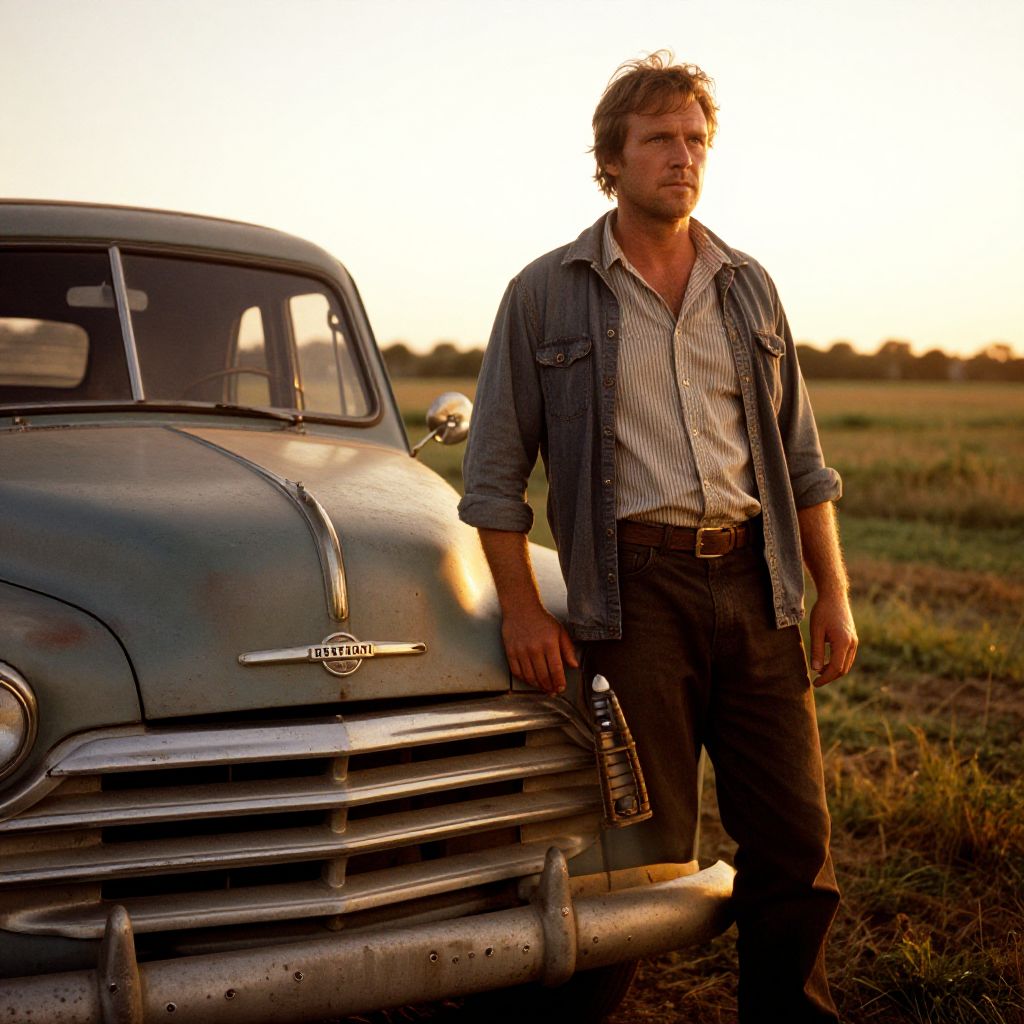 Man in Denim Jacket by Vintage Dodge Truck at Sunset in Rural Field
