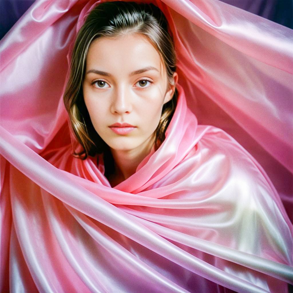 Elegant Woman in Flowing Pink Fabric