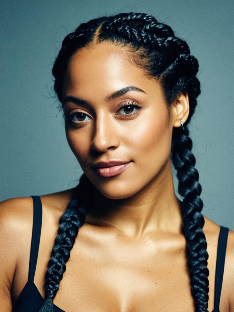 Close-up Portrait of Woman with Long Braided Hair and Blue Eyes